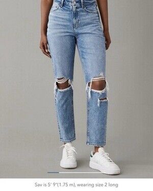 American Eagle Outfitters Strigid Distressed Ripped Mom Jeans Size 10 Long Denim